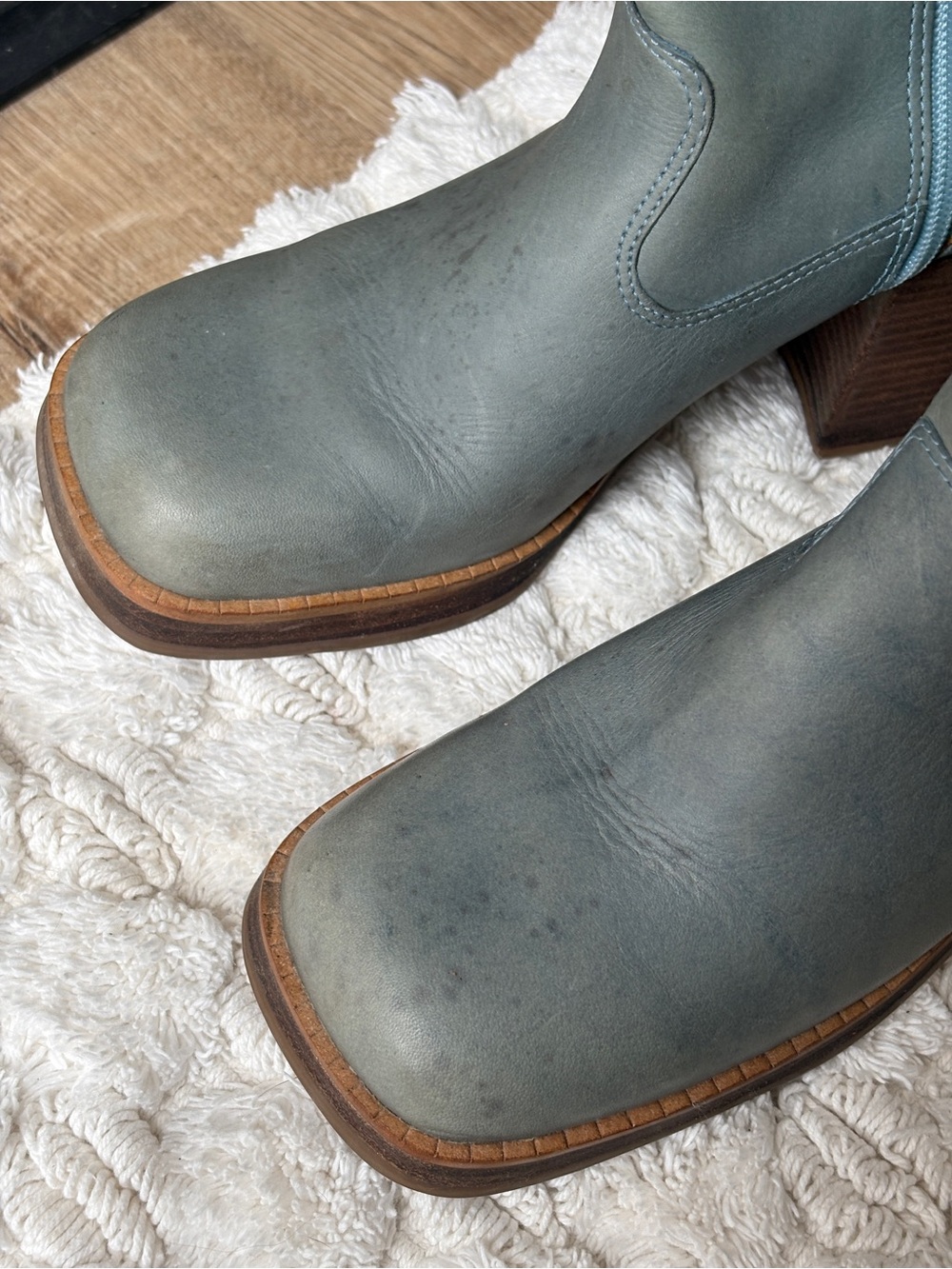 Vintage 90s Connie Too Platform Boots Size 8.5 - Blue Leather & Chunky Wood Heel - Picture 10 of 15